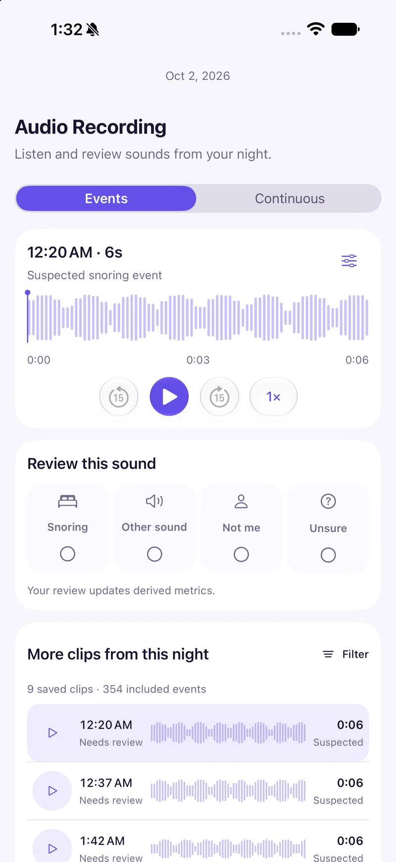 Actual SnoreSense audio recording screen with a sample waveform and sound review controls