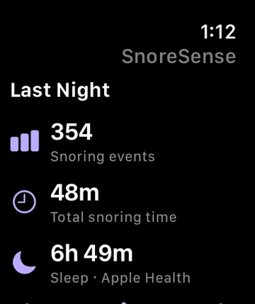 Actual SnoreSense Apple Watch summary with sample snoring events